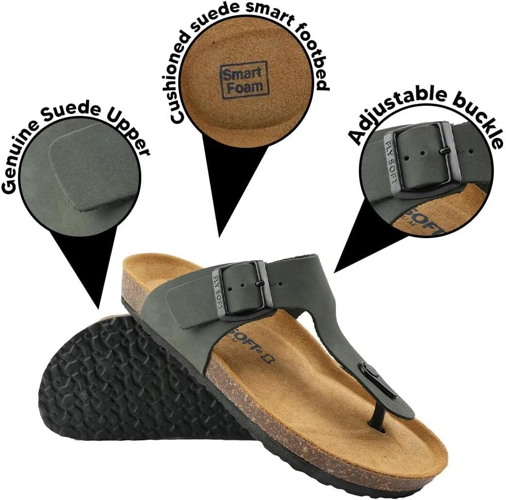 100% Genuine Leather Men's Sandals - Comfortable Cushioned Smart Foam Footbed, Slip-On Slides for Casual Summer Wear, Adjustable Fit, Durable Non-Slip Sole