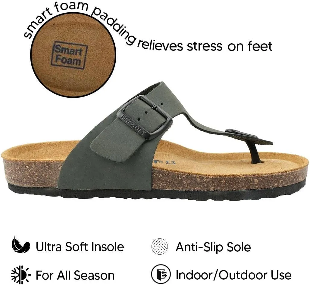100% Genuine Leather Men's Sandals - Comfortable Cushioned Smart Foam Footbed, Slip-On Slides for Casual Summer Wear, Adjustable Fit, Durable Non-Slip Sole