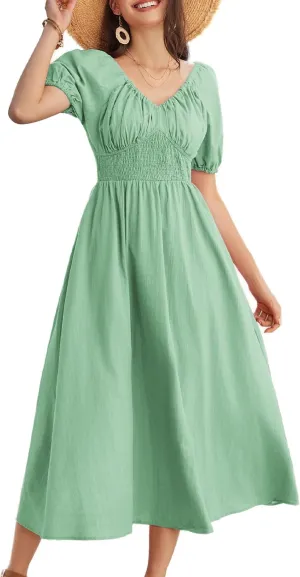 2024 Women's Summer V Neck Short Puff Sleeve Flowy Smocked A Line Maxi Cotton Dresses Light Green XL