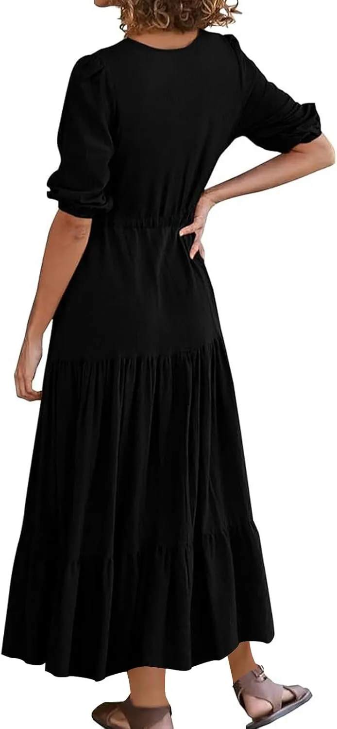 2025 Spring Summer Fashion Dress for Women Solid Color Pleated A-Line Home Dress Casual Button V-Neck Holiday Dresses