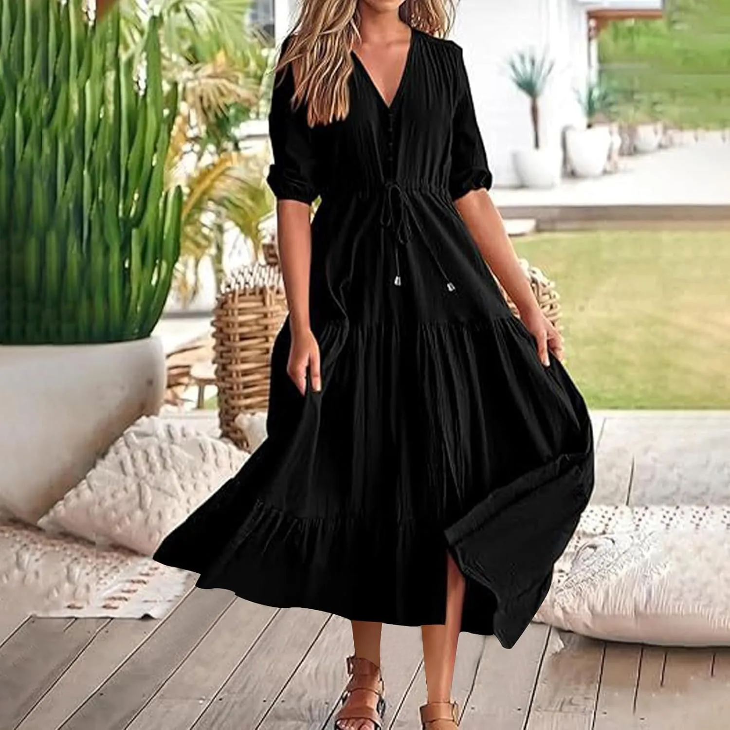 2025 Spring Summer Fashion Dress for Women Solid Color Pleated A-Line Home Dress Casual Button V-Neck Holiday Dresses