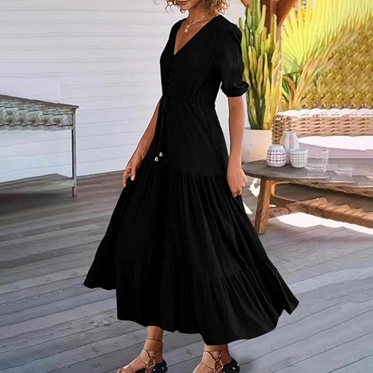 2025 Spring Summer Fashion Dress for Women Solid Color Pleated A-Line Home Dress Casual Button V-Neck Holiday Dresses