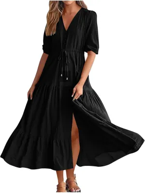 2025 Spring Summer Fashion Dress for Women Solid Color Pleated A-Line Home Dress Casual Button V-Neck Holiday Dresses