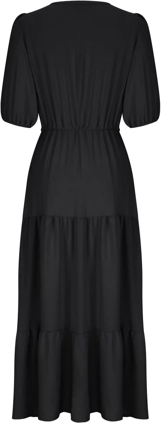 2025 Spring Summer Fashion Dress for Women Solid Color Pleated A-Line Home Dress Casual Button V-Neck Holiday Dresses