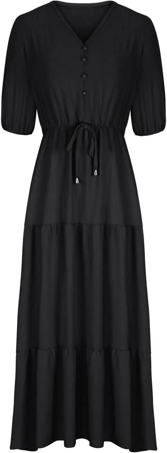 2025 Spring Summer Fashion Dress for Women Solid Color Pleated A-Line Home Dress Casual Button V-Neck Holiday Dresses