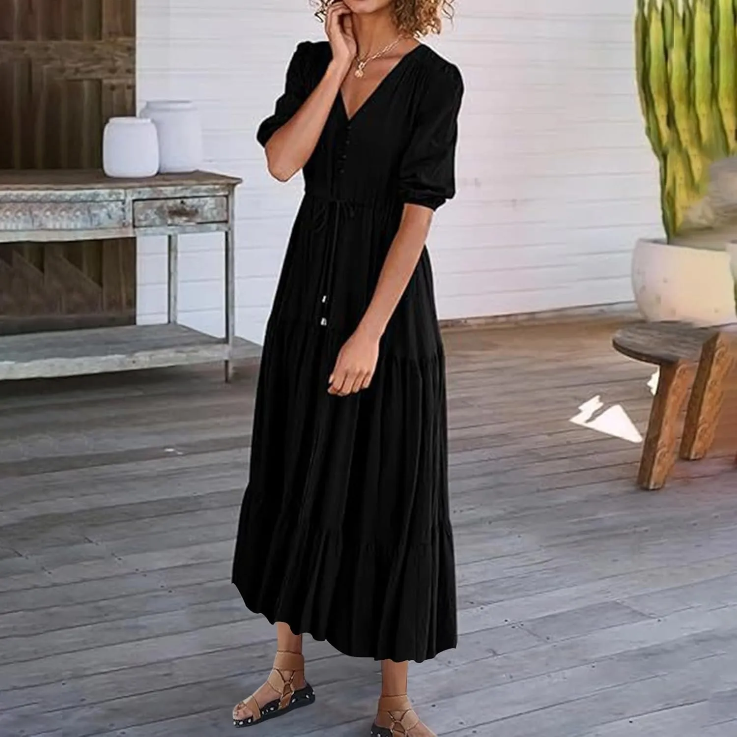 2025 Spring Summer Fashion Dress for Women Solid Color Pleated A-Line Home Dress Casual Button V-Neck Holiday Dresses