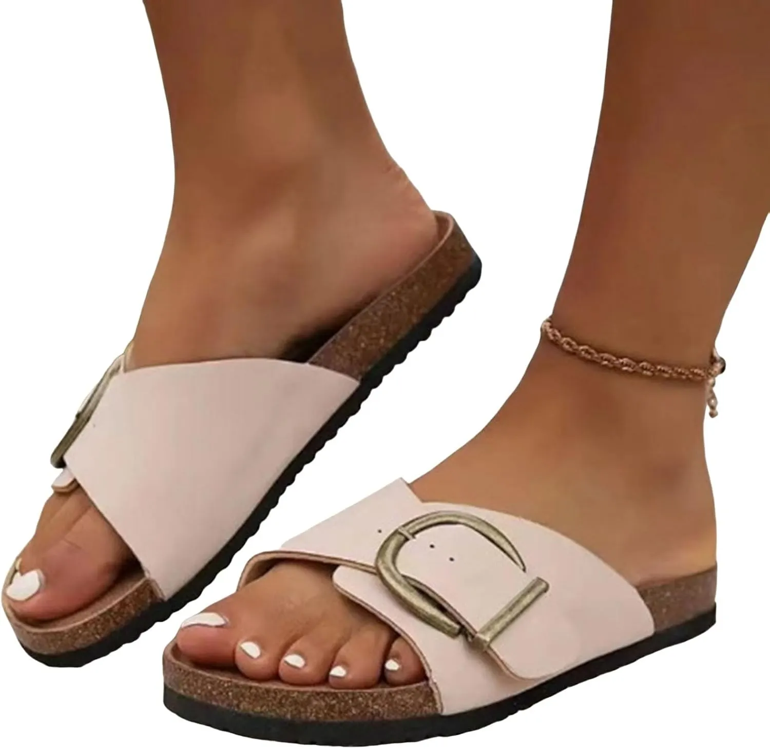 2025 Women's Comfy Flat Sandals Wide Width Open Toe Corked Footed Adjustable Band Sandals Summer Comfortable Non Slip Cushion Footbed Casual Shoes for Daily Wear Outdoor Indoor