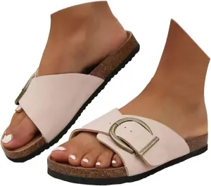2025 Women's Comfy Flat Sandals Wide Width Open Toe Corked Footed Adjustable Band Sandals Summer Comfortable Non Slip Cushion Footbed Casual Shoes for Daily Wear Outdoor Indoor