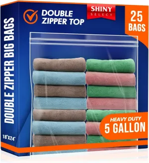 25 Jumbo Size 5 Gallon Bags, XLarge 18"x24" Super Big Double Zipper Durable Storage Bag for Vacation, Travel, Organization, Clothing, Shoes, Pet Supplies, Crafts, Magazines, Toys