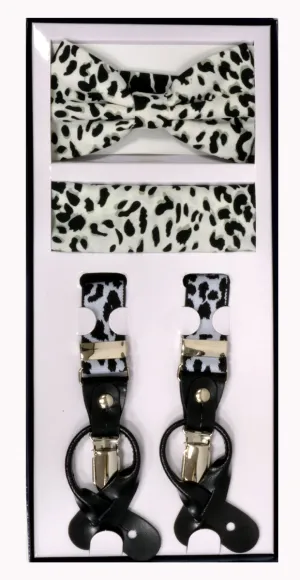 3 Piece Patterned Suspender Sets - Leopard White