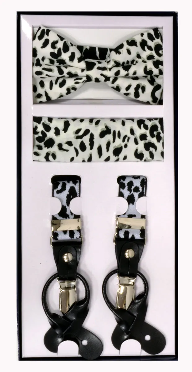 3 Piece Patterned Suspender Sets - Leopard White