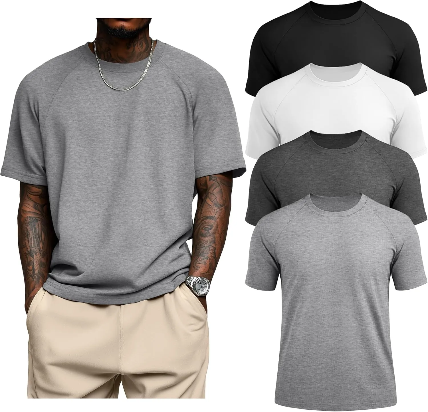 4 Pack Men's Big & Tall Short Sleeve Tees, Crew Neck Cotton Blend T-Shirts Moisture Wicking Stretch Casual Gym Wear