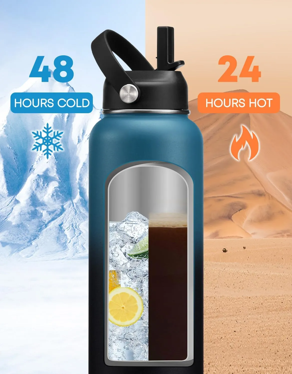 40 oz Insulated Water Bottle with Straw - Flex Cap Lids, Paracord Handle, Bottle Carrier Bag w/Strap, Vacuum Stainless Steel Water Bottles, Double Wall Flask Metal Water Flask Jug