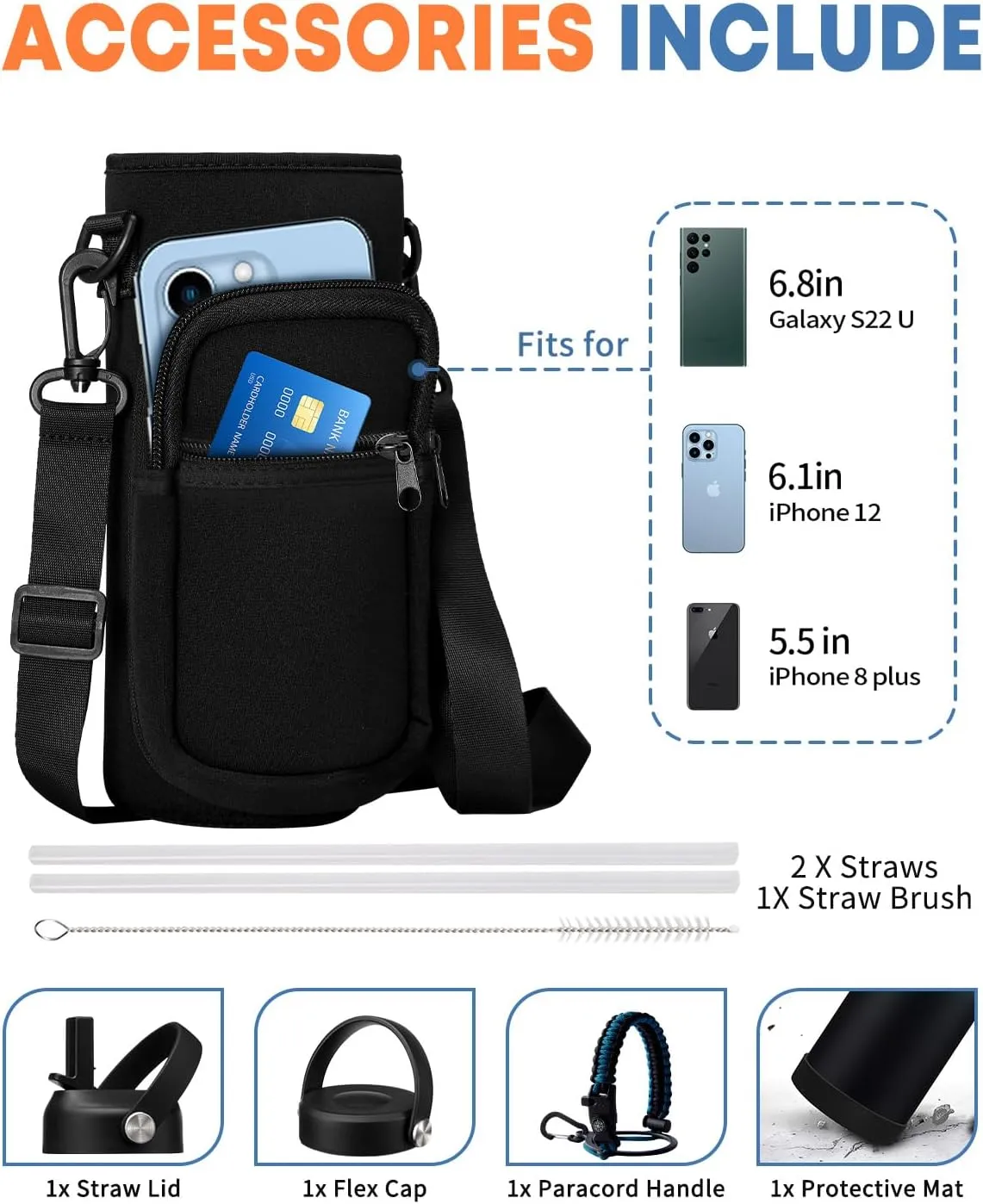 40 oz Insulated Water Bottle with Straw - Flex Cap Lids, Paracord Handle, Bottle Carrier Bag w/Strap, Vacuum Stainless Steel Water Bottles, Double Wall Flask Metal Water Flask Jug