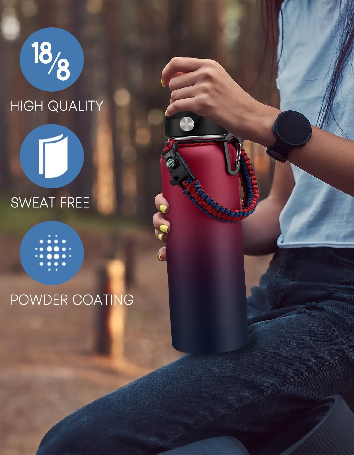 40 oz Insulated Water Bottle with Straw - Flex Cap Lids, Paracord Handle, Bottle Carrier Bag w/Strap, Vacuum Stainless Steel Water Bottles, Double Wall Flask Metal Water Flask Jug