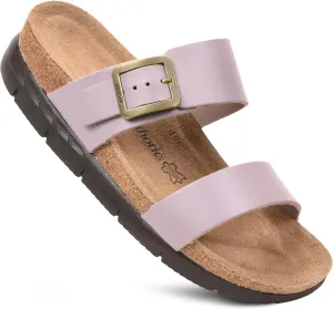 AEROTHOTIC Genuine Leather Slides for Women with Arch Support Comfortable Adjustable Buckle Double Straps with Memory Foam Footbed Slip On Cork Sandals