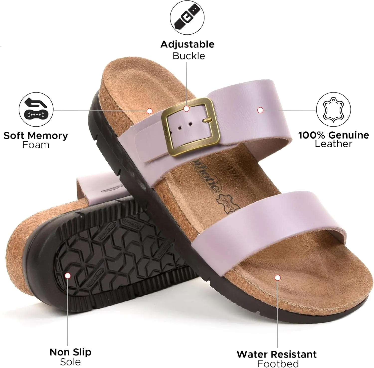 AEROTHOTIC Genuine Leather Slides for Women with Arch Support Comfortable Adjustable Buckle Double Straps with Memory Foam Footbed Slip On Cork Sandals
