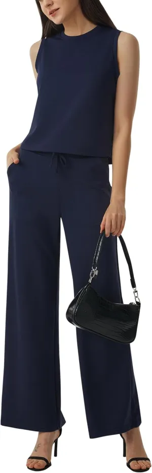 AFITNE Women's 2 Piece Outfits Air Essentials Sleeveless Tank Crop Top Wide Leg Sweatpants Lounge Set 2025 Tracksuit
