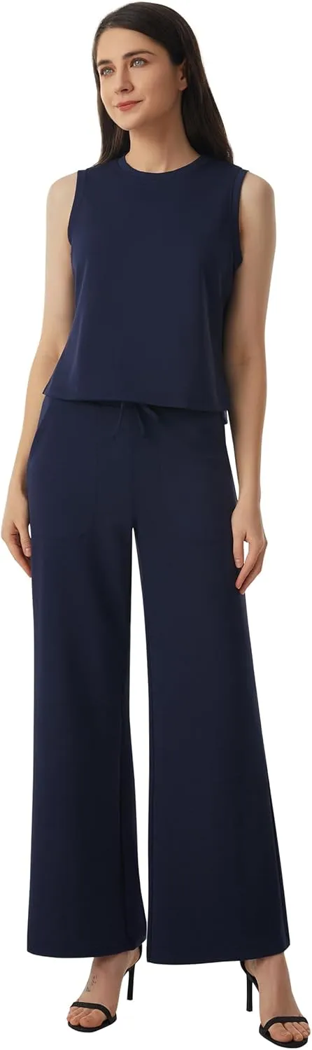 AFITNE Women's 2 Piece Outfits Air Essentials Sleeveless Tank Crop Top Wide Leg Sweatpants Lounge Set 2025 Tracksuit