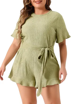 Agnes Orinda Plus Size Rompers for Women Summer Short Sleeve Cute Ruffle Front Tie Beach Short Jumpsuits