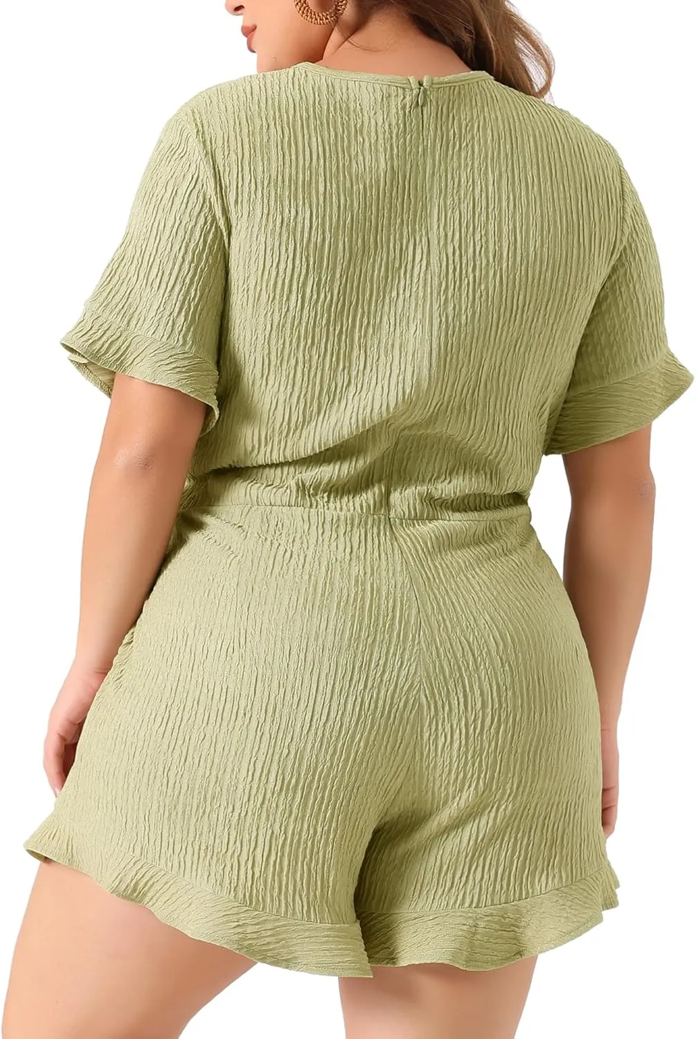 Agnes Orinda Plus Size Rompers for Women Summer Short Sleeve Cute Ruffle Front Tie Beach Short Jumpsuits