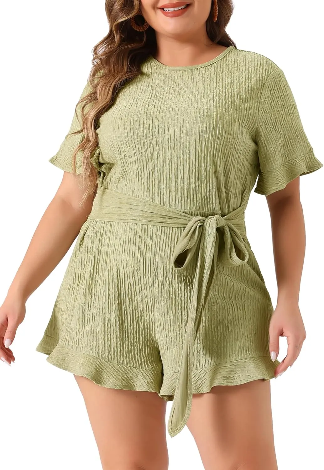 Agnes Orinda Plus Size Rompers for Women Summer Short Sleeve Cute Ruffle Front Tie Beach Short Jumpsuits