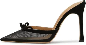 Agodor Mesh Heeled Mules for Women Slingback Stilettos High Heels Pumps Pointed Close Toe Slip On Bow Tie Dress Slide Sandals