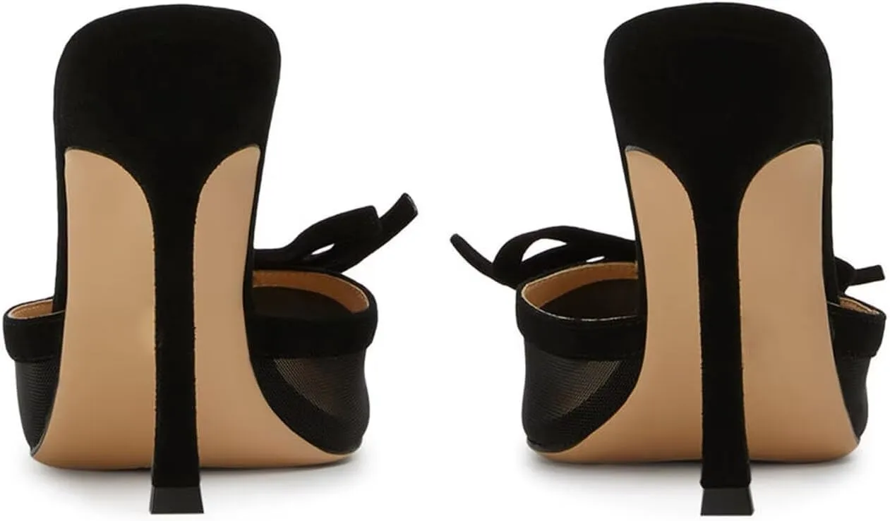 Agodor Mesh Heeled Mules for Women Slingback Stilettos High Heels Pumps Pointed Close Toe Slip On Bow Tie Dress Slide Sandals