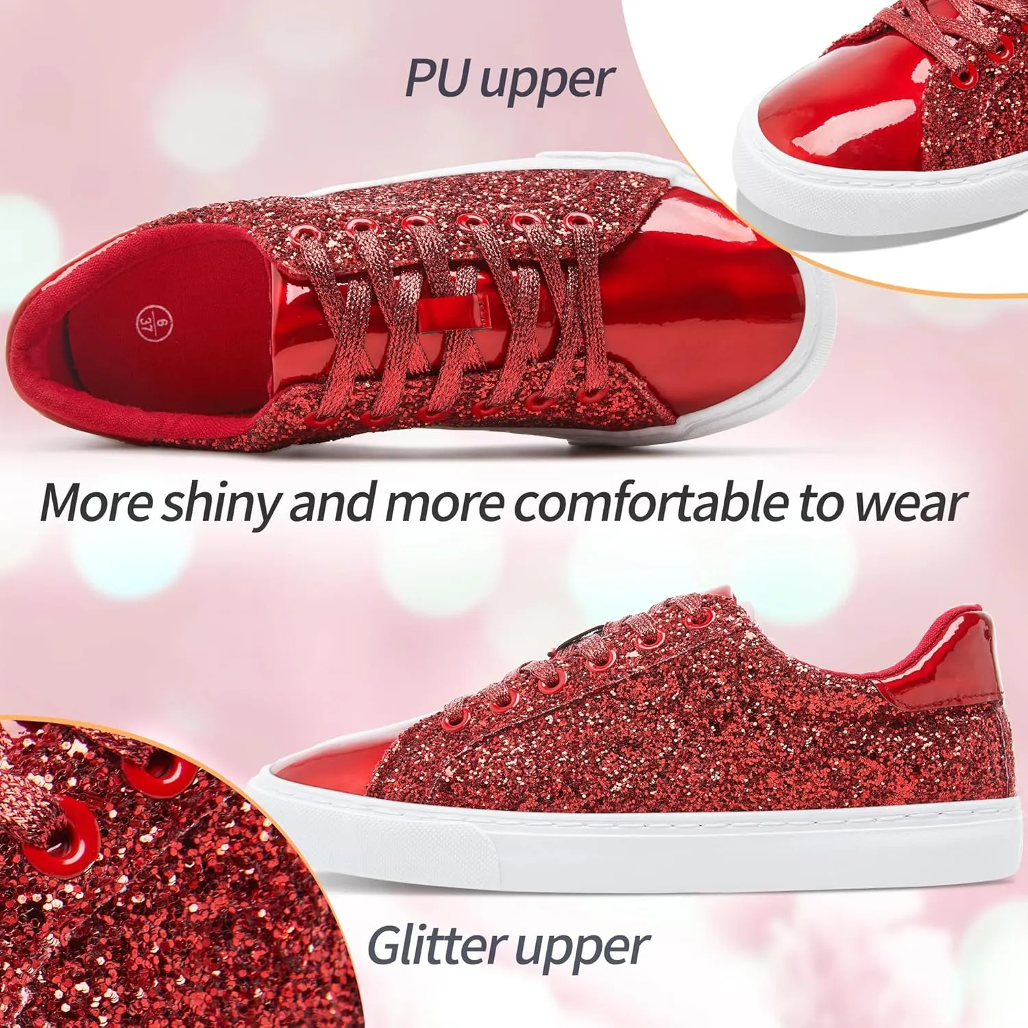 AISFAES Glitter Sneakers Sparkly Low Top Sequins Sneakers Lace Up Tennis Shoes Comfort Bling Shoes Fashion Shiny Walking Shoes