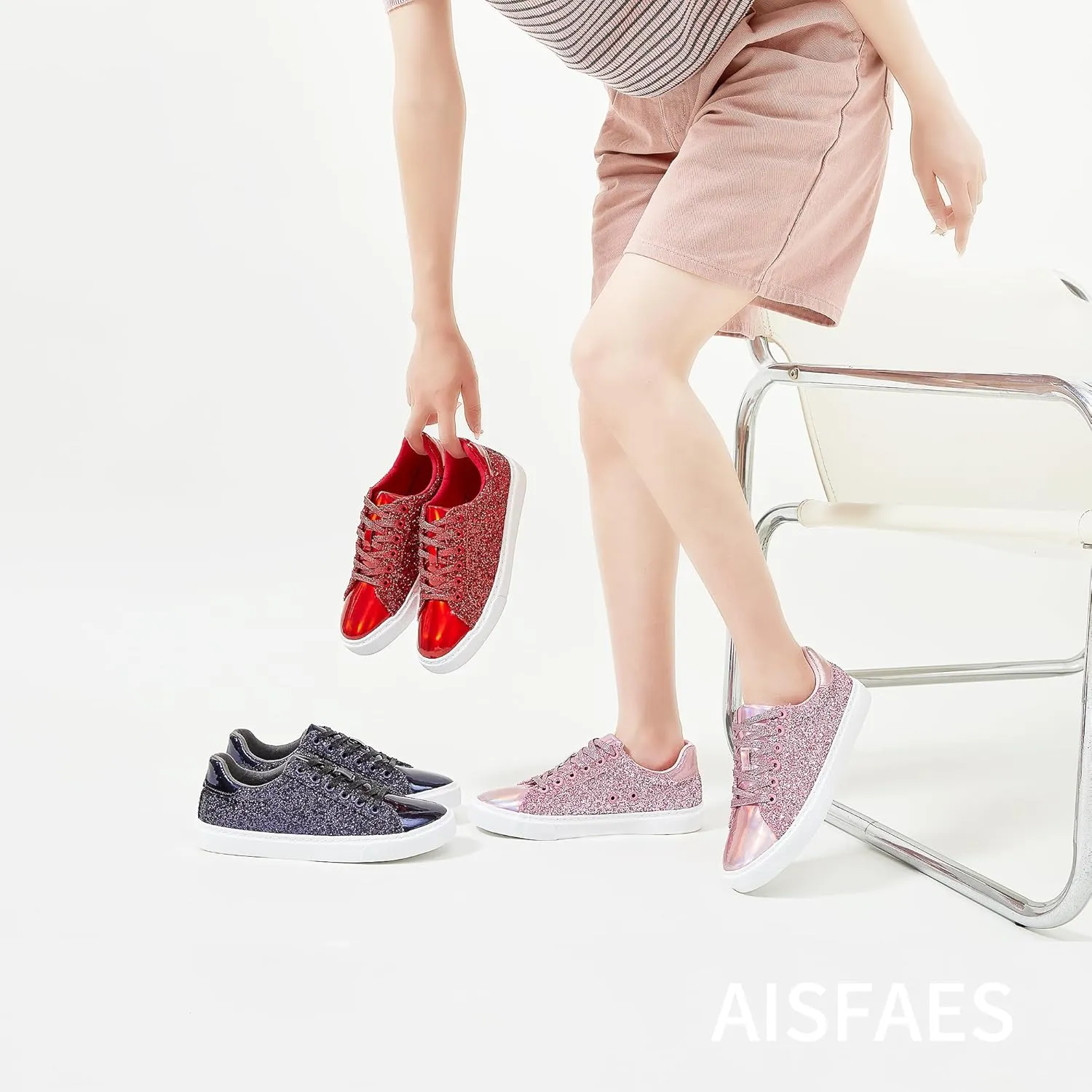 AISFAES Glitter Sneakers Sparkly Low Top Sequins Sneakers Lace Up Tennis Shoes Comfort Bling Shoes Fashion Shiny Walking Shoes