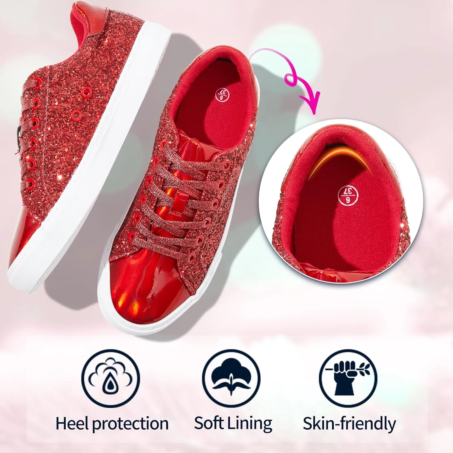 AISFAES Glitter Sneakers Sparkly Low Top Sequins Sneakers Lace Up Tennis Shoes Comfort Bling Shoes Fashion Shiny Walking Shoes