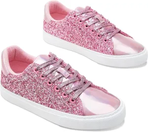 AISFAES Glitter Sneakers Sparkly Low Top Sequins Sneakers Lace Up Tennis Shoes Comfort Bling Shoes Fashion Shiny Walking Shoes