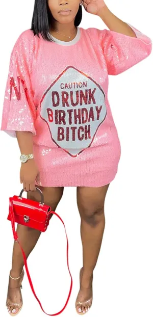ALLUMK Women Sexy Glitter Sequin Shirts Dress Letter Graphic Print Half Sleeve Party Club Short Dress