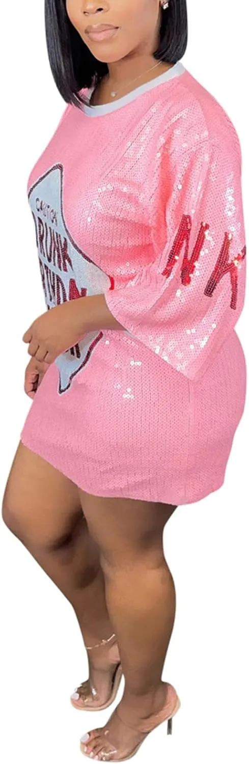 ALLUMK Women Sexy Glitter Sequin Shirts Dress Letter Graphic Print Half Sleeve Party Club Short Dress
