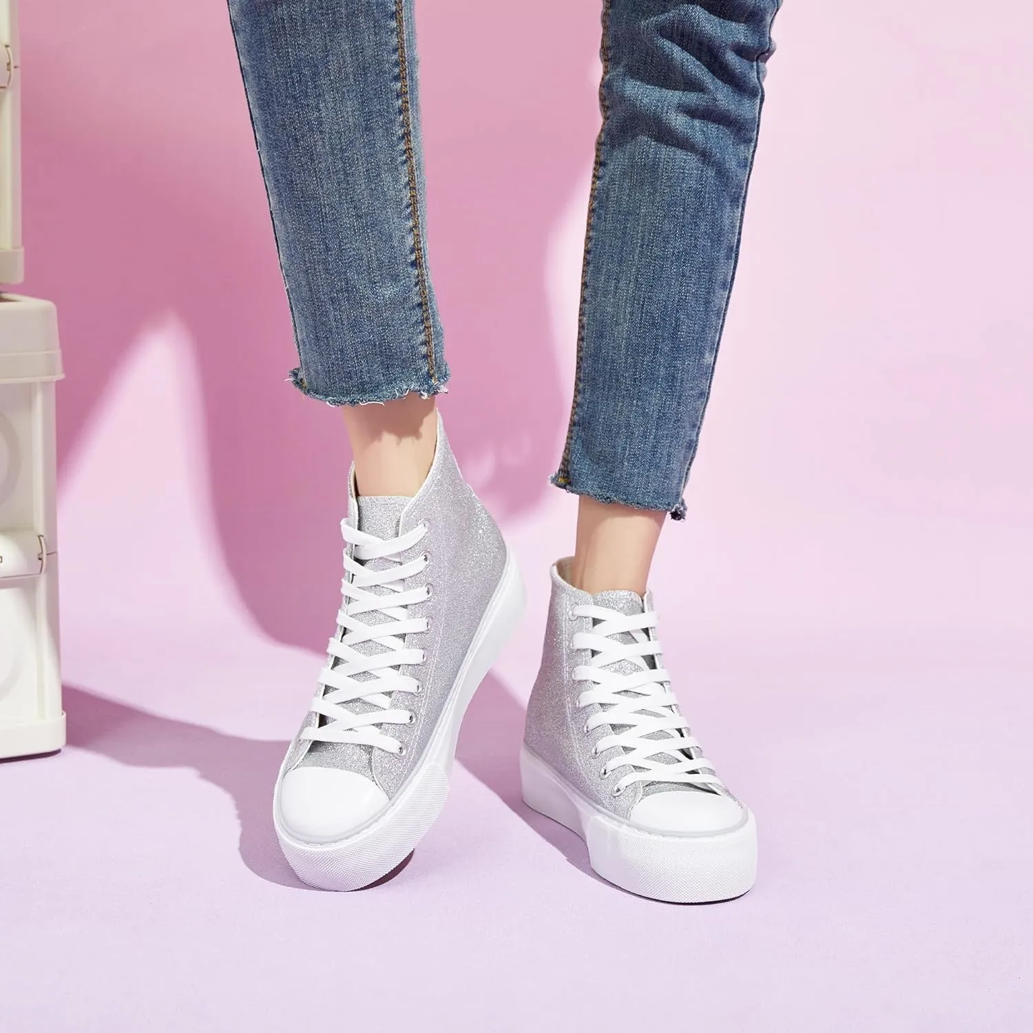ALTOCIS Glitter Platform Fashion Sneakers,Sparkly Bling Mid Calf Sneaker for Women,Cute Comfortable Platform High Top Sneakers