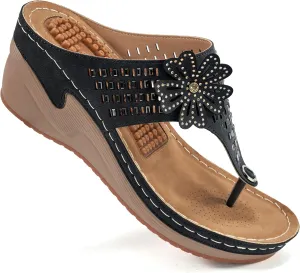 Aomigoct Wedge Sandals Women Flip Flops with High Increased Flower Platform Sandals for Women Dressy Summer Wedge Shoes Cushion FootBed Comfort Flip Flops