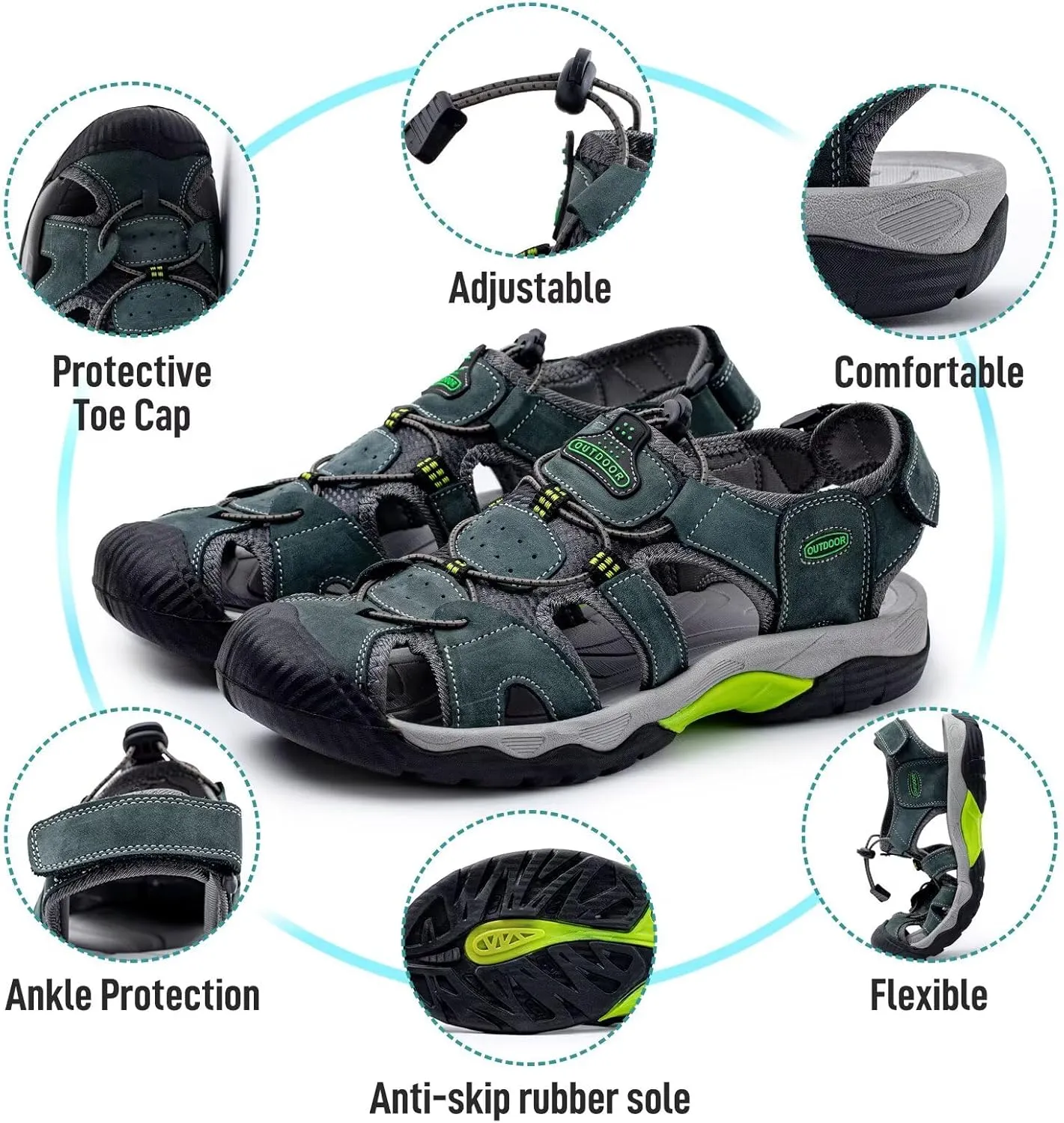 Arkbird Men's Sandals, Closed Toe Leather Fisherman Outdoor Hiking Sport Shoes Summer