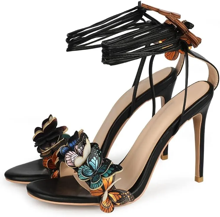 Arqa Strappy Sandals for Women Butterfly Ankle Wrap Stiletto High Heels Open Toe Suede Lace-up Heeled Sandal Wedding Bride Dressy Pumps