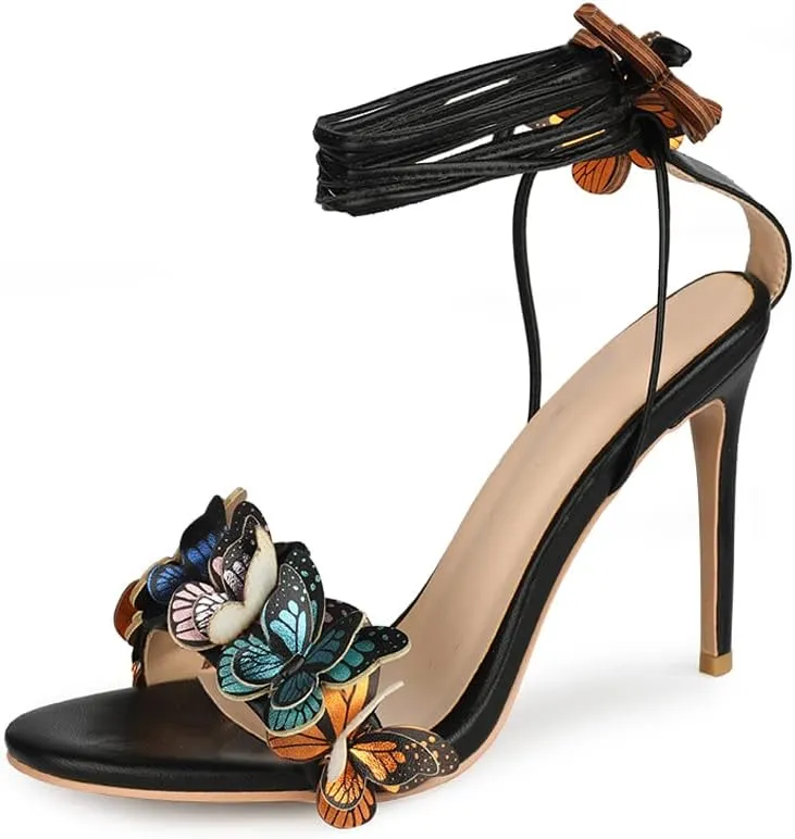 Arqa Strappy Sandals for Women Butterfly Ankle Wrap Stiletto High Heels Open Toe Suede Lace-up Heeled Sandal Wedding Bride Dressy Pumps
