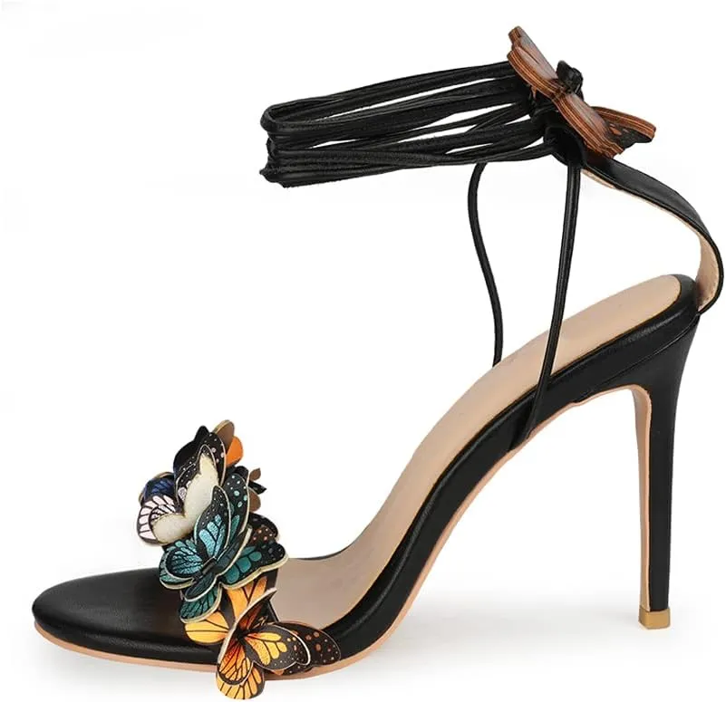 Arqa Strappy Sandals for Women Butterfly Ankle Wrap Stiletto High Heels Open Toe Suede Lace-up Heeled Sandal Wedding Bride Dressy Pumps