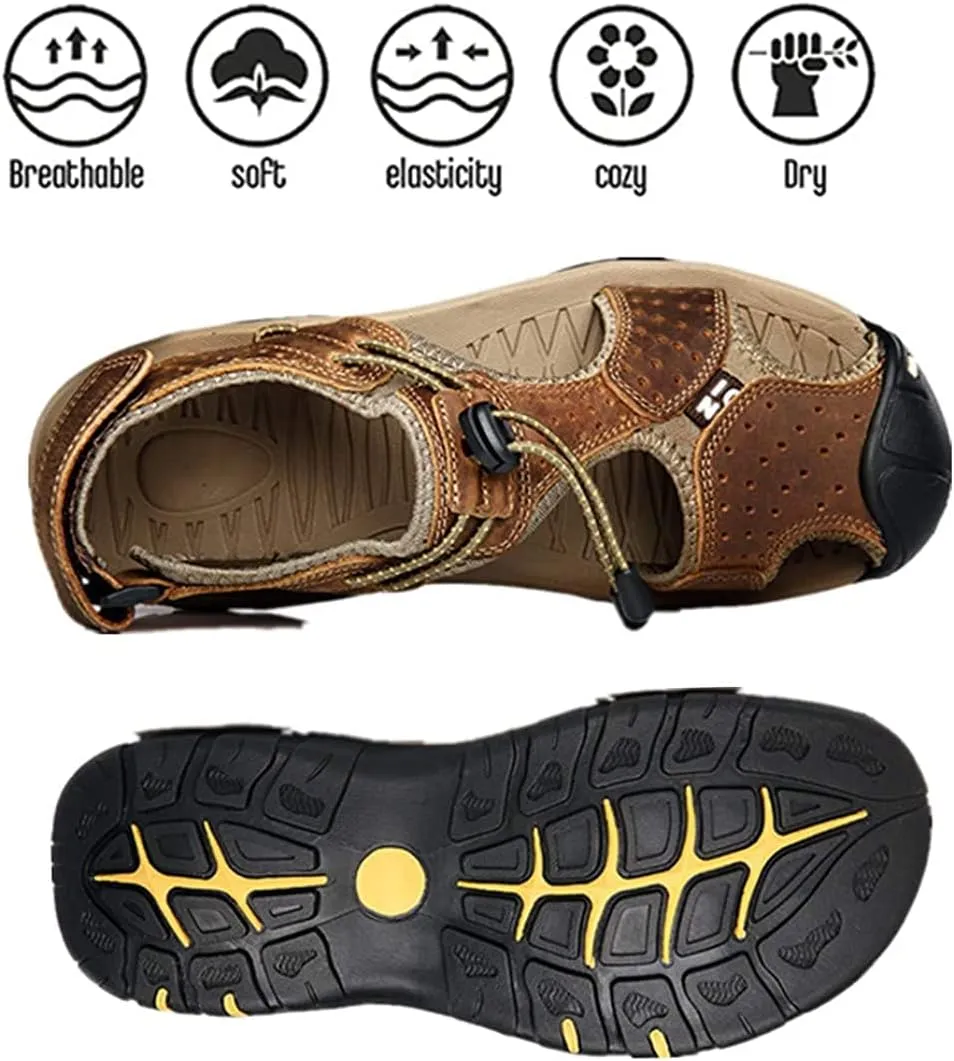 Asifn Men's Outdoor Hiking Leather Sandals Water Shoes Slides Closed Toe Sport Walking Fishermen Climbing Summer Athletic