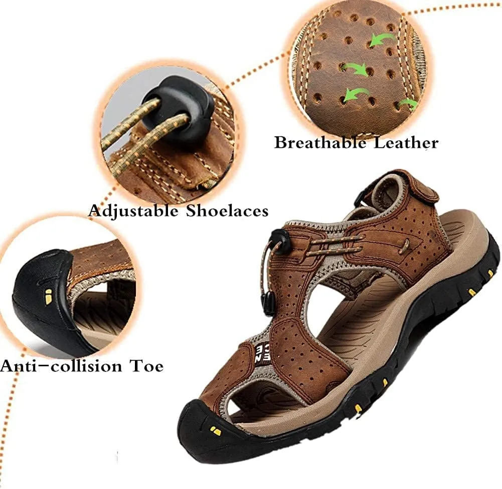 Asifn Men's Outdoor Hiking Leather Sandals Water Shoes Slides Closed Toe Sport Walking Fishermen Climbing Summer Athletic