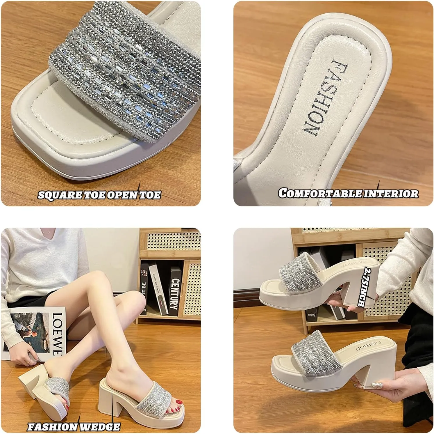 AUNTHUI Women's Square Toe Open Toe Chunky Heel Sandals,Slip-On Rhinestones High-Heeled Sandals,Summer Outdoor Breathable Platform Wedge Sandals