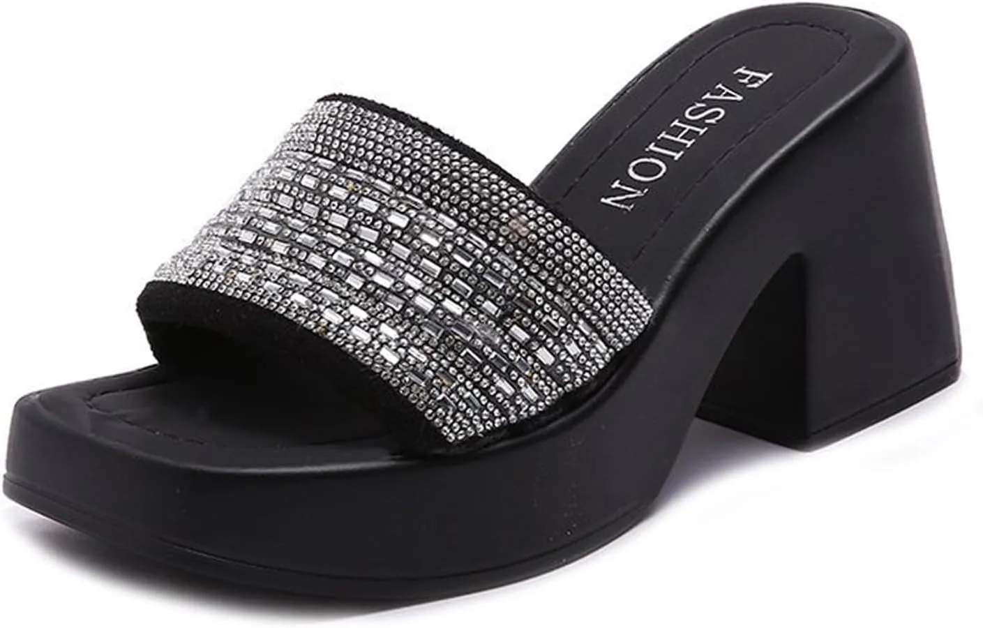 AUNTHUI Women's Square Toe Open Toe Chunky Heel Sandals,Slip-On Rhinestones High-Heeled Sandals,Summer Outdoor Breathable Platform Wedge Sandals