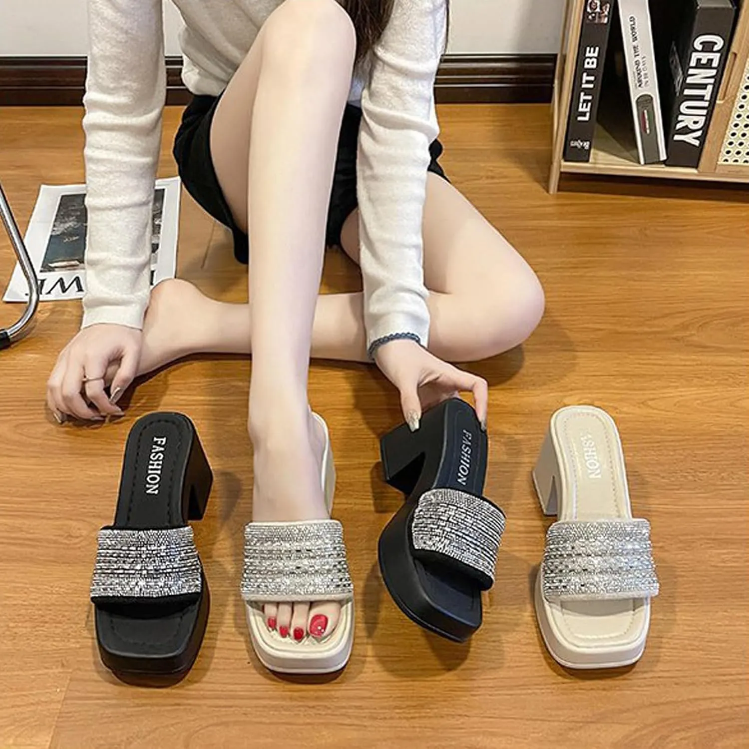 AUNTHUI Women's Square Toe Open Toe Chunky Heel Sandals,Slip-On Rhinestones High-Heeled Sandals,Summer Outdoor Breathable Platform Wedge Sandals