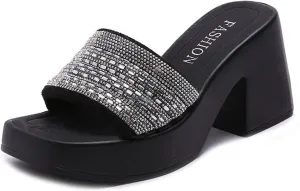 AUNTHUI Women's Square Toe Open Toe Chunky Heel Sandals,Slip-On Rhinestones High-Heeled Sandals,Summer Outdoor Breathable Platform Wedge Sandals