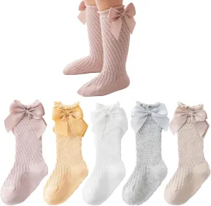 Baby Girls Knee High Socks Toddler Mesh Bowknot Breathable Dress Socks Little Girls Cotton Tube Stockings