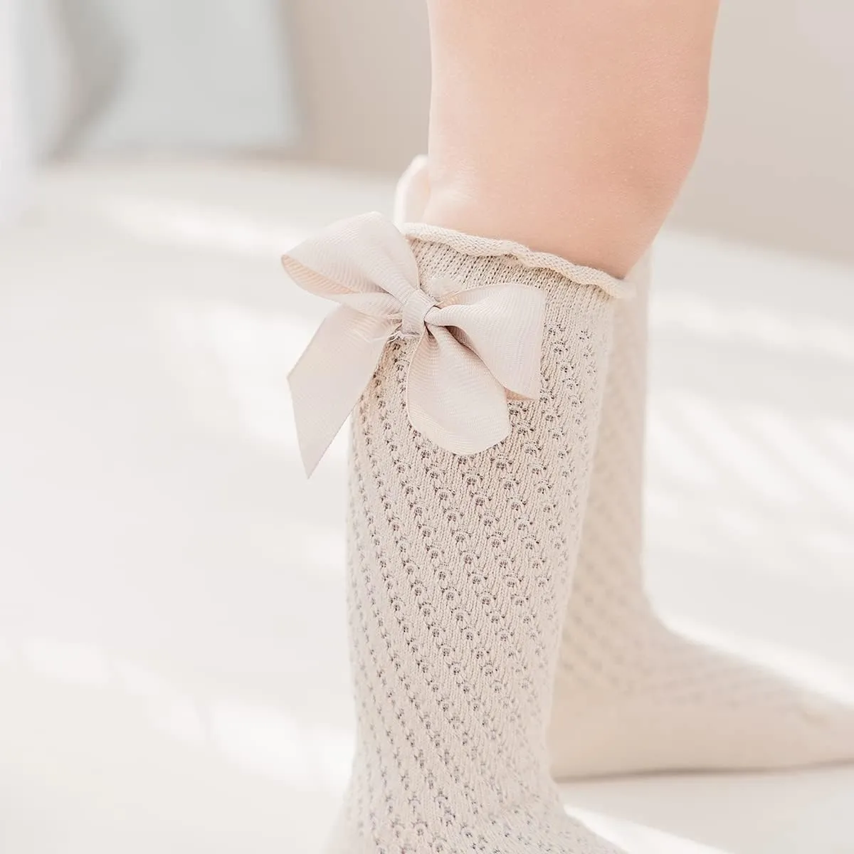 Baby Girls Knee High Socks Toddler Mesh Bowknot Breathable Dress Socks Little Girls Cotton Tube Stockings