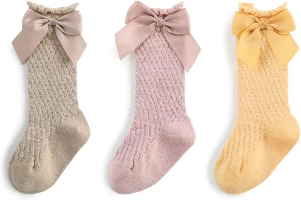 Baby Girls Knee High Socks Toddler Mesh Bowknot Breathable Dress Socks Little Girls Cotton Tube Stockings