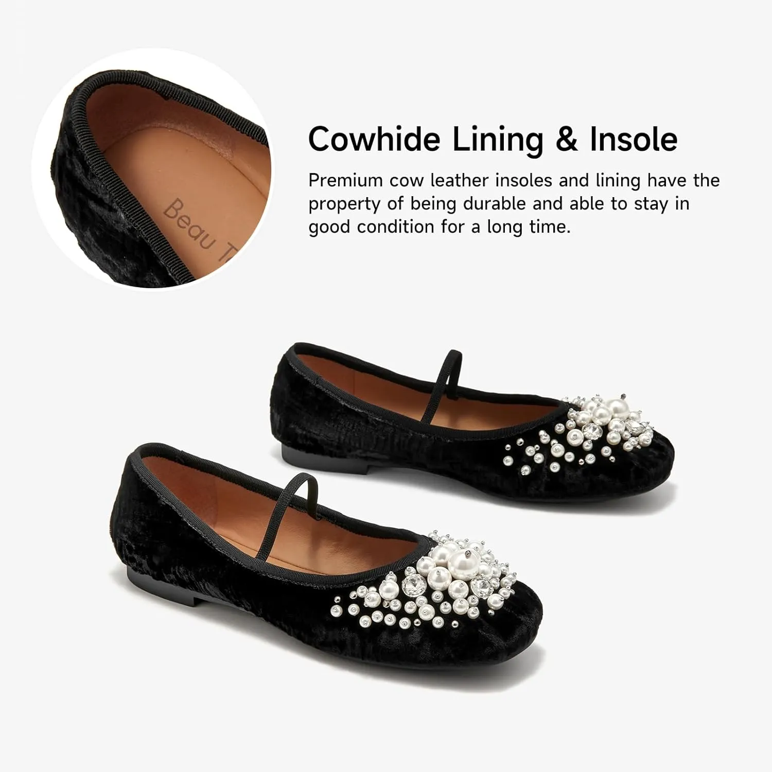BEAU TODAY Mary Jane Shoes Women, Ballet Flats Shoes for Women, Buckle Strap Genuine Leather Flats, Comfortable Square Toe Dressy Mary Jane Flats Trendy